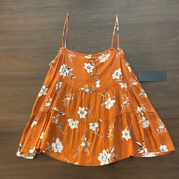 Paper Crane Tops - Dark Orange and Cream Blue Floral Paper Crane Blouse Size Small 100% Rayon